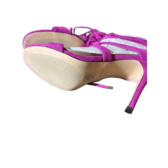Nine West Mindi ankle wrap high heeled sandal pink faux suede Size 9.5 lace up - Picture 4 of 5
